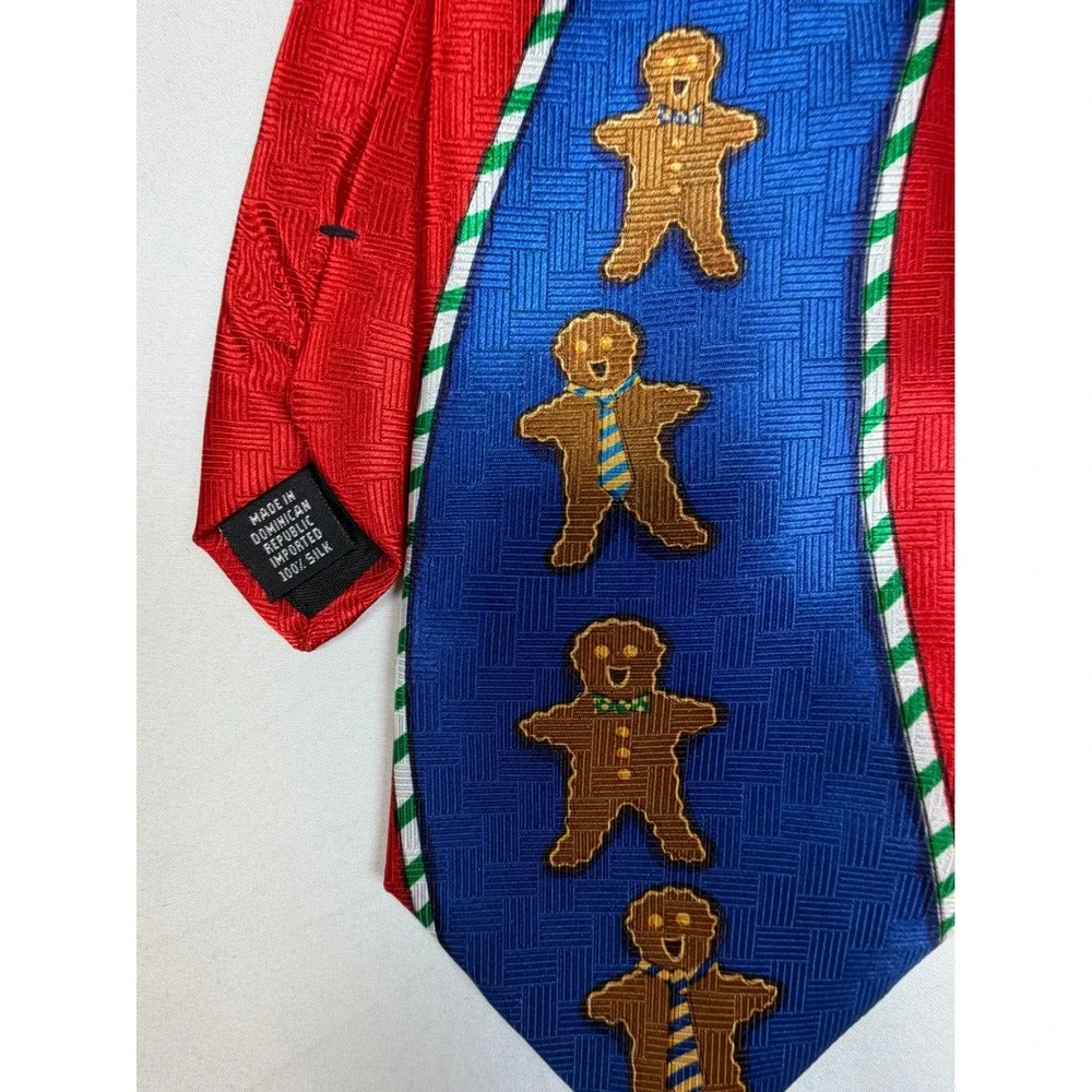 Mens Gingerbread Man Christmas Silk Tie Red Blue Candy Cane Stripe Holiday Tie